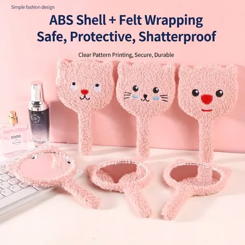 Cute Cartoon Plush Handheld Mirror Soft Teddy Velvet Bear Cat Portable Makeup Mirror For Women Girls Gift Cosmetic Mirror
