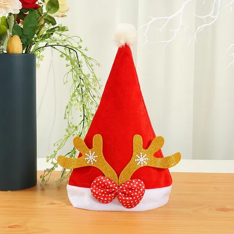 Red Christmas Hat Reindeer Antler Plush Velour Snowflake Bow Tie Party Costume Hat For Adult Child Holiday Decor
