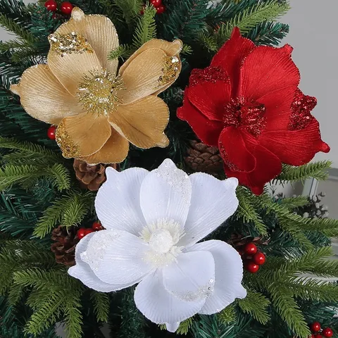 Glitter Artificial Christmas Flowers Christmas Tree Hanging Ornaments Layered Fake Flower Decoration Stems For Holiday Party Home Decor Festive Floral Arrangements Arrangement Accessories