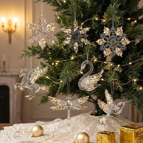 Ornamenti Natalizi in Acrilico con Paillettes Fiocco di Neve Cigno Renna Fata Ciondolo in Cristallo Trasparente Decorazione da Appendere Albero di Natale