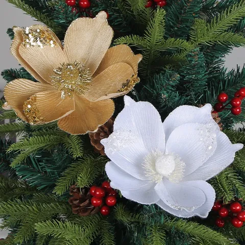 Glitter Artificial Christmas Flowers Christmas Tree Hanging Ornaments Layered Fake Flower Decoration Stems For Holiday Party Home Decor Festive Floral Arrangements Arrangement Accessories
