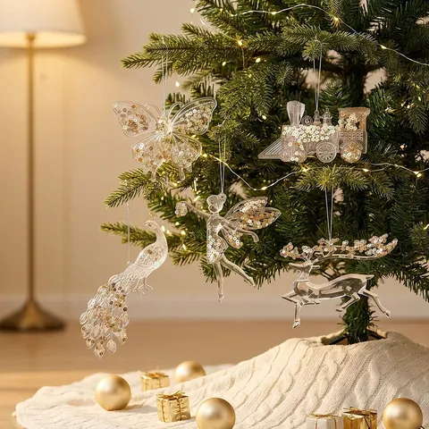 Acrylic Sequin Christmas Ornaments Snowflake Swan Reindeer Fairy Transparent Crystal Pendant Hanging Decoration Christmas Tree Window Decor