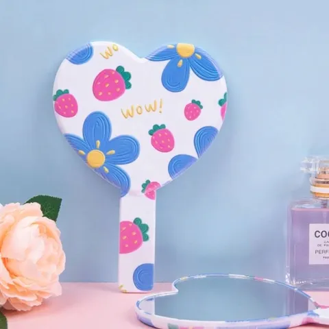 Sweet Strawberry Floral Print Heart Shaped Handheld Makeup Mirror Portable Plastic Beauty Tool For Women Girls Daily Travel Use