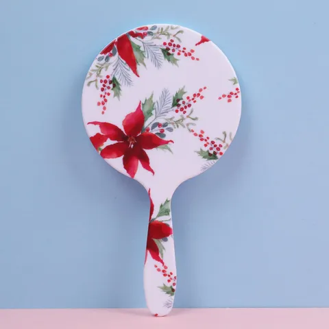 Portable Handheld Makeup Mirror Round Hand Mirror With Handle Cute Cartoon Floral Strawberry Print For Women Girl Travel Beauty Cosmetic Tool