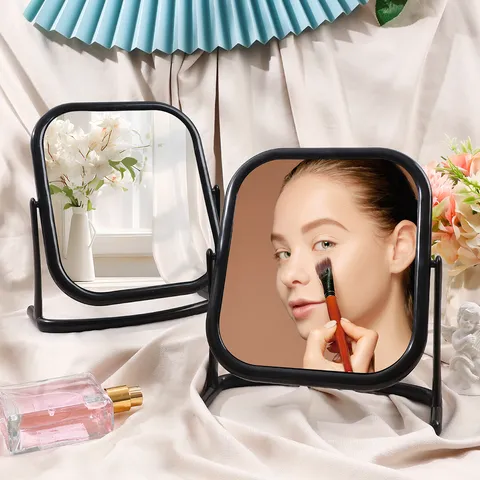360 Degree Rotating Desktop Makeup Mirror Double Sided Magnification Plastic Frame Clear HD Table Mirror Bedroom Vanity Beauty Tool