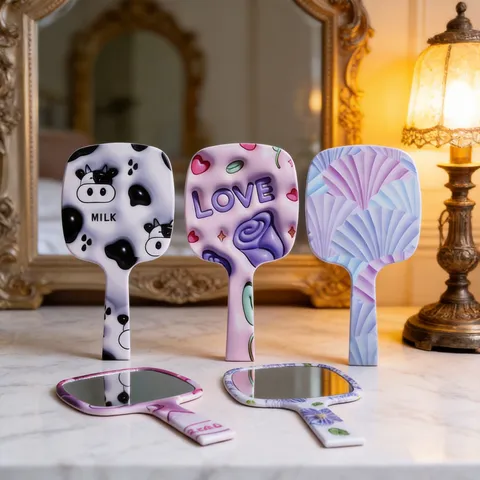 Handheld Makeup Mirror With Ergonomic Handle Portable Artistic Floral Cow Patterned Cosmetic Mirror High Definition Glass Beauty Salon Mirror For Women Travel Daily Use