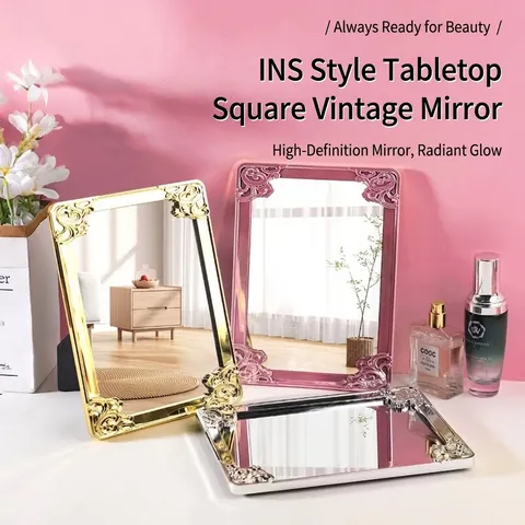 Miroir de Maquillage de Bureau Style Européen Vintage Miroir de Courtoisie Pliable avec Bordure Florale Sculptée Baroque Miroir Rectangulaire Électroplaqué pour Maison