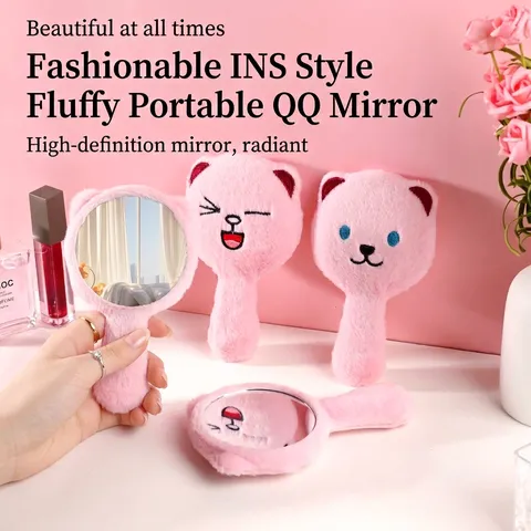 Cute Cartoon Bear Plush Handheld Makeup Mirror Portable High Definition Glass Hand Mirror For Student Dorm Travel Women Gift