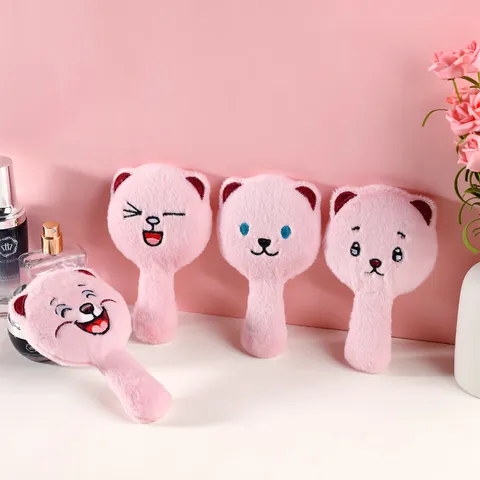 Cute Cartoon Bear Plush Handheld Makeup Mirror Portable High Definition Glass Hand Mirror For Student Dorm Travel Women Gift