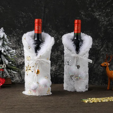 White Plush Christmas Wine Bottle Cover Gold Silver Snowflake Pattern Ribbon Bow Decor For Xmas Dining Table Home Party Decorations