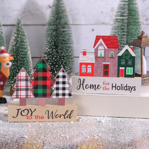 Weihnachten Holz Baum Haus Tischdeko Ornamente Karo Muster Winter Mikro Landschaft Szene Layout Festliche Party Zuhause Deko