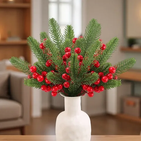 Artificial Christmas Pine Needle Red Berry Branch Three-Prong Faux Greenery Stem For Holiday Home Table Desktop Decoration