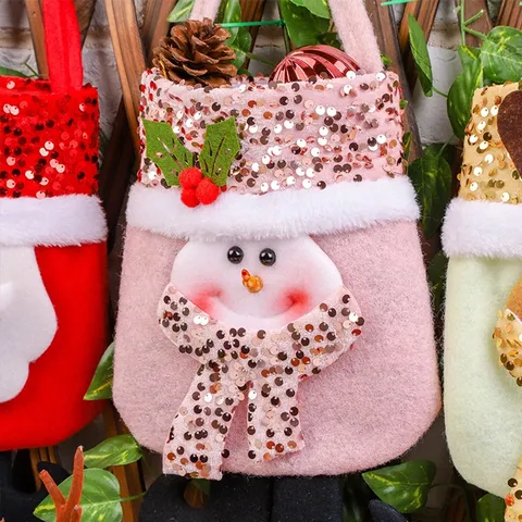 Christmas Sequin Gift Bag Santa Claus Snowman Reindeer Cartoon Handheld Candy Pouch Felt Apple Bag Holiday Party Decoration Ornaments