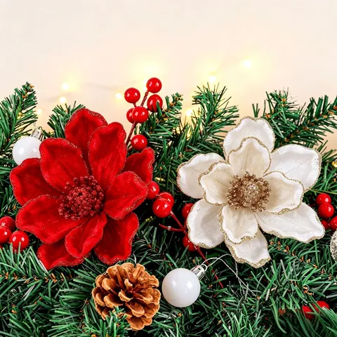 Fleur Artificielle de Noël à Paillettes Poinsettia Fleur Décorative pour Arbre de Noël Couronne Guirlande Décoration Fleur Festive en Tissu