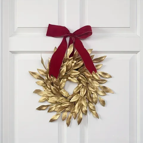 Corona de Navidad Artificial con Hojas de Oro y Lazo de Terciopelo Rojo Oscuro para Decoración de Puerta Pared Fiesta Festiva Hogar Jardín