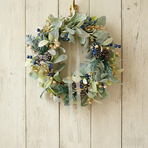 Artificial Christmas Wreath Lambs Ear Leaves Blue Gold Berries Pinecones Front Door Wall Decor Winter Holiday Decoration