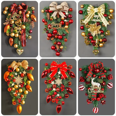 LED Pre-lit Christmas Teardrop Swag Wreath With Pine Cones And Bows For Staircase Front Door Hanging Holiday Home Decoration