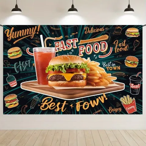 Fast Food Theme Photography Backdrop Burger Fries Soda Pattern Polyester Background For Birthday Party Photo Studio Decoration