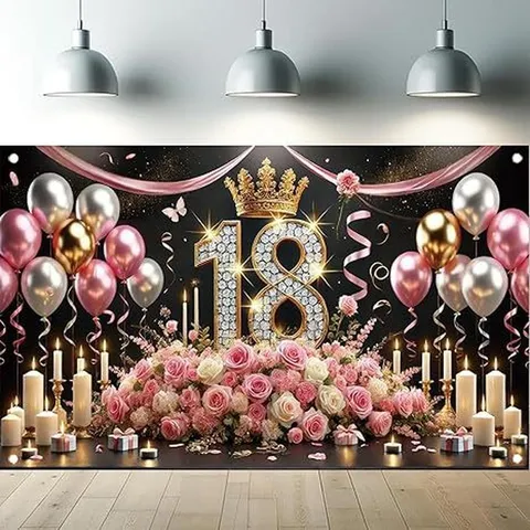 18. Geburtstag Party Fotografie Hintergrund Schwarz Gold Pink Ballons Blumen Banner Happy Birthday Feier Dekoration Polyester Wandteppich Für Fotostudio