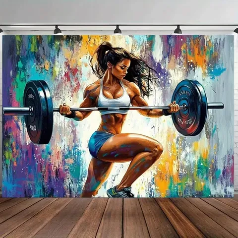 Buntes Graffiti Fitness Fotohintergrund Polyester Frauen Gewichtheben Thema Studio Hintergrund Wandteppich