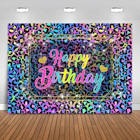 Leopard Print Happy Birthday Photography Backdrop Gold Glitter Heart Balloon Party Decoration Background For Women Girls Adults