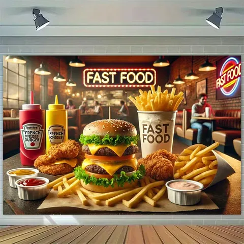 Fast Food Theme Photography Backdrop Burger Fries Soda Pattern Polyester Background For Birthday Party Photo Studio Decoration