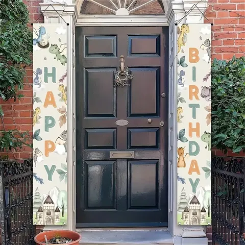 Cartoon Dinosaur Happy Birthday Banner For Kids Birthday Party Decoration Polyester Door Porch Sign Hanging Ornaments