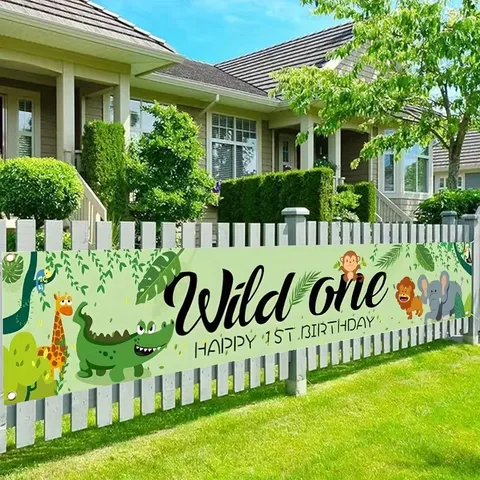 Polyester Banner Zum Ersten Geburtstag Gartenschild Für Partydekoration Dschungeltier Erdbeere Kekse Thema Hintergrund Banner