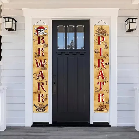Vintage Pirate Theme Door Couplet Banner Polyester Decorative Hanging Flags With Skull Helm For Halloween Party Home Porch Decor