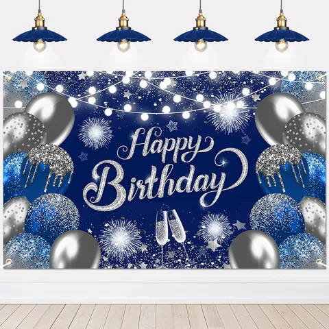 Navy Blue Silver Happy Birthday Backdrop Balloon Champagne Fireworks Photography Background Indoor Outdoor Party Decoration