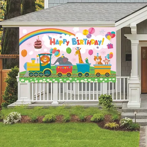 Cartoon Animal Train Birthday Photography Backdrop Pink Rainbow Balloons Polyester Party Banner For Kids Room Wall Decoration