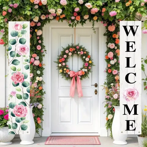 Ποιμενικό Πανό Βεράντας Welcome Ροζ Τριαντάφυλλο Κρεμαστή Πινακίδα Ανθικό Υφή Ξύλου Κατακόρυφο Δίστιχο Πόρτας Διακοσμητικό