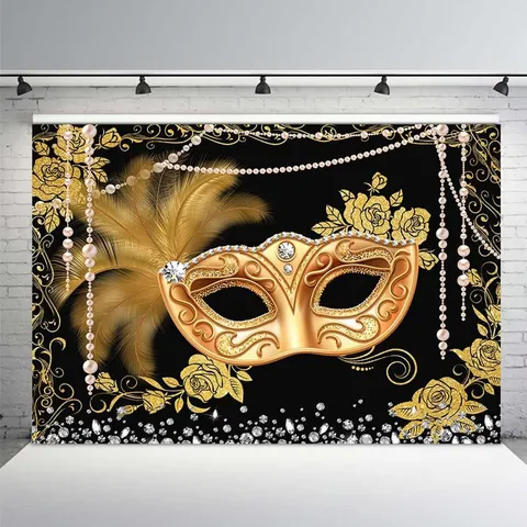 Carnival Masquerade Party Backdrop Golden Mask Feather Pearl Glitter Black Background Photography Studio Prop Wall Hanging Decor
