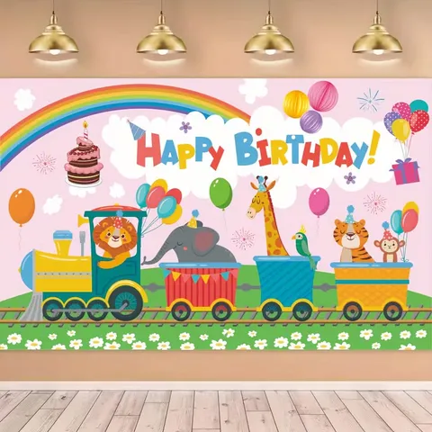 Cartoon Animal Train Birthday Photography Backdrop Pink Rainbow Balloons Polyester Party Banner For Kids Room Wall Decoration