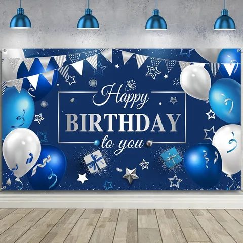Navy Blue Silver Happy Birthday Backdrop Balloon Champagne Fireworks Photography Background Indoor Outdoor Party Decoration