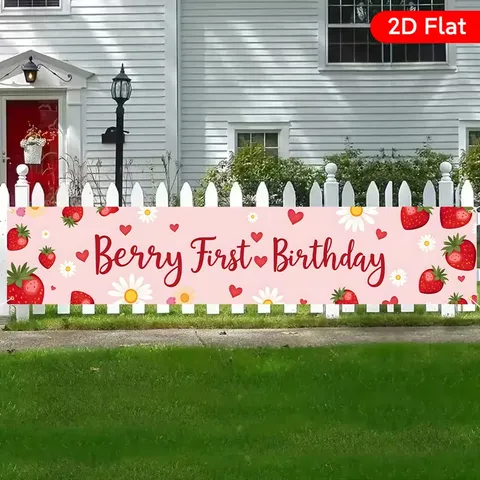 Polyester Banner Zum Ersten Geburtstag Gartenschild Für Partydekoration Dschungeltier Erdbeere Kekse Thema Hintergrund Banner