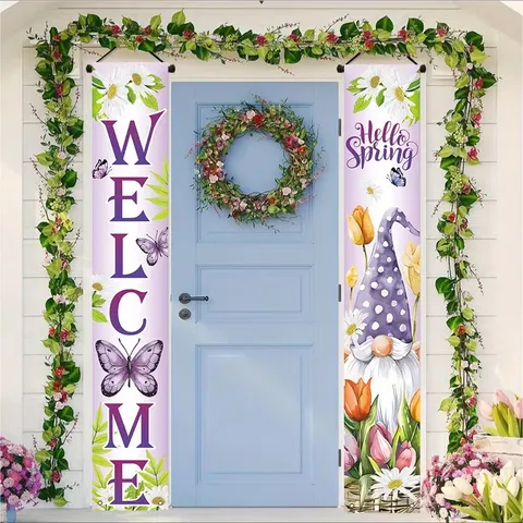 Spring Welcome Porch Banner Purple Gnome Floral Butterfly Print Hanging Couplet Front Door Outdoor Home Garden Decoration