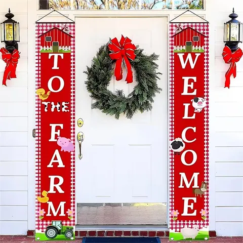 Rood Geblokt Boerderij Veranda Banner Welcome To The Farm Veranda Bord Polyester Hangende Banner Met Cartoon Dieren Decor