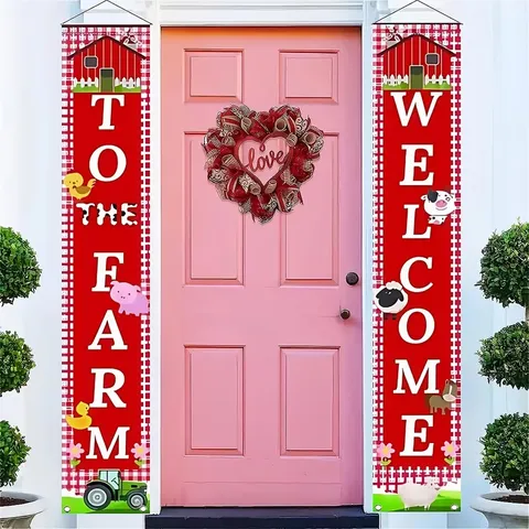 Rood Geblokt Boerderij Veranda Banner Welcome To The Farm Veranda Bord Polyester Hangende Banner Met Cartoon Dieren Decor