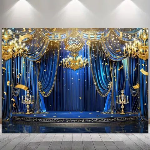 Fond de Photographie Scène de Théâtre Luxe Or Bleu Rouge Rideau Déco Fête Tapisserie Polyester Murale Pour Studio