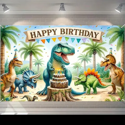 Fondo de Feliz Cumpleaños de Dinosaurio Animado para Decoración de Fiesta Infantil Selva Tropical Volcán Fondo de Fotografía Poliéster