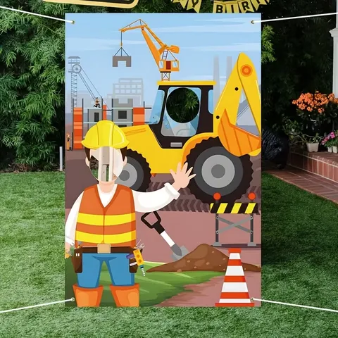 Construction Theme Birthday Party Backdrop Banner Excavator Crane Photo Prop Background Cloth For Kids Construction Party Decor