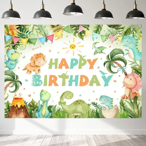 Fondo de Feliz Cumpleaños de Dinosaurio Animado para Decoración de Fiesta Infantil Selva Tropical Volcán Fondo de Fotografía Poliéster