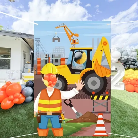 Construction Theme Birthday Party Backdrop Banner Excavator Crane Photo Prop Background Cloth For Kids Construction Party Decor