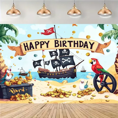 Toile de Fond Fête Anniversaire Pirate Dessin Animé Bateau Pirate Coffre au Trésor Polyester Tissu Chunya Photographie Fond Studio Tenture Décorative