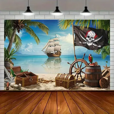 Toile de Fond Fête Anniversaire Pirate Dessin Animé Bateau Pirate Coffre au Trésor Polyester Tissu Chunya Photographie Fond Studio Tenture Décorative