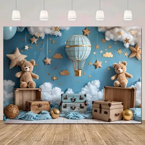 Travel Theme Hot Air Balloon Teddy Bear Photography Backdrop Polyester Banner For Baby Shower Birthday Party Kids Photo Background