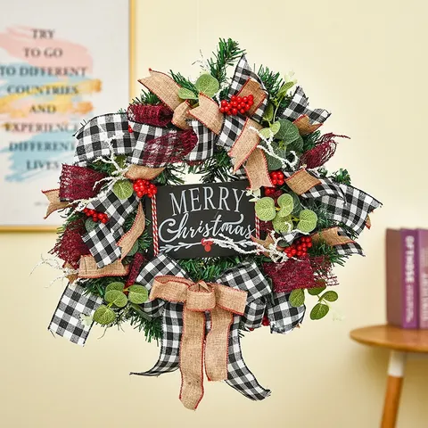 Christmas Wreath Door Hanging Decoration With Buffalo Plaid Bow Red Truck Santa Claus Snowman Artificial Pine Needle Berry Holiday Party Home Ornament