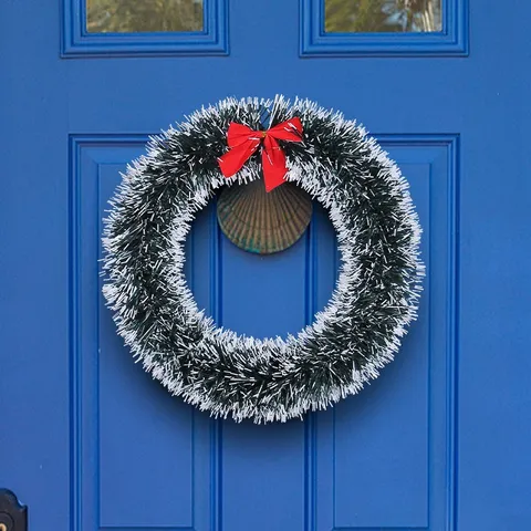 Christmas Wreath Tinsel Garland With Red Bowknot Ornament For Mall Window Home Door Holiday Festive Decoration