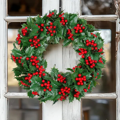Christmas Artificial Red Berry Green Holly Leaf Wreath For Front Door Wall Hanging Festive Window Decoration Home Ornament